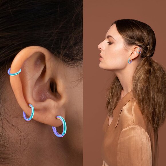 Blue 8-12mm hypoallergenic surgical steel small hoop earrings for cartilage nose - Picture 5 of 11